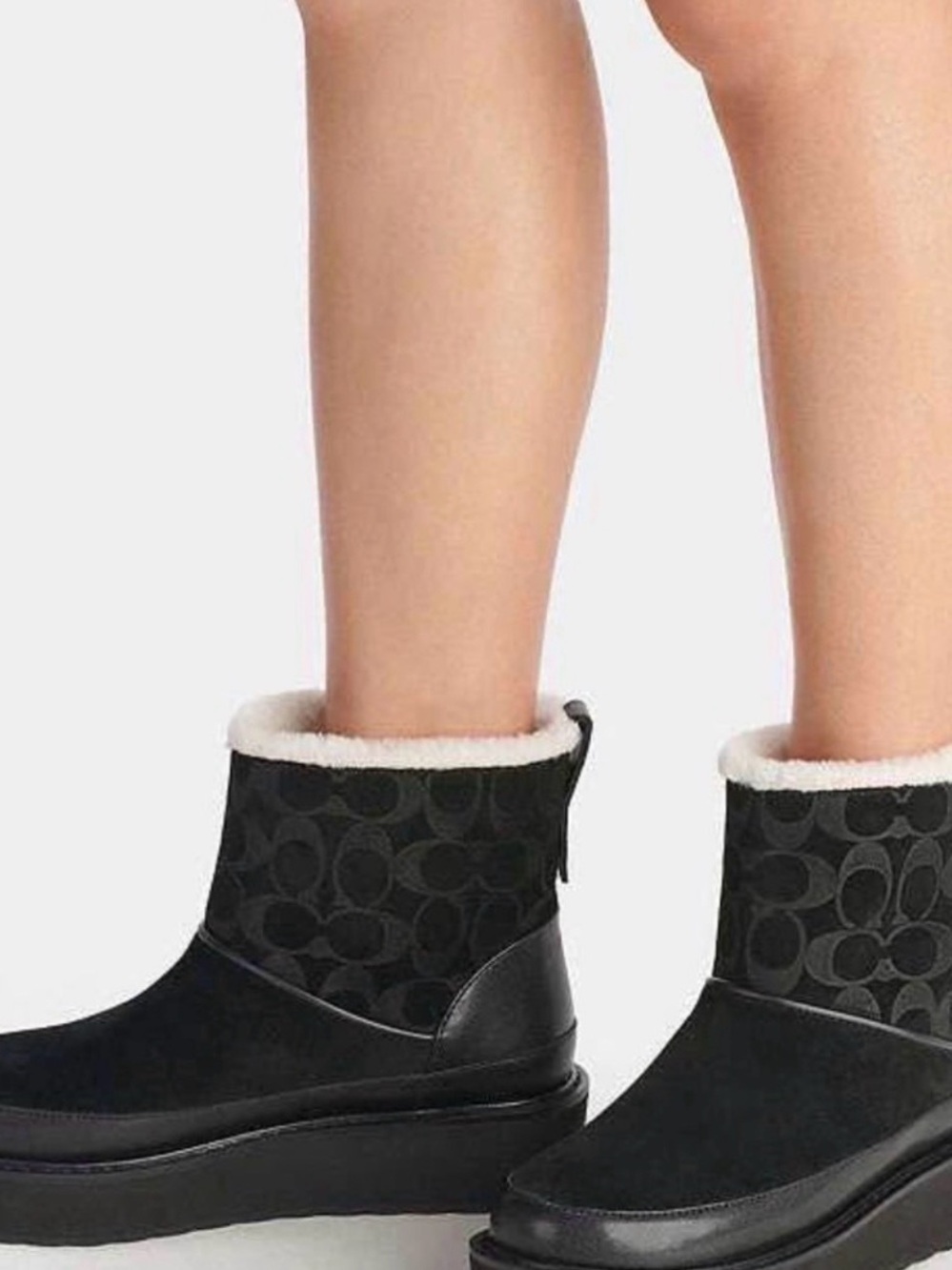 Coach Black Suede & Signature Canvas Shearling-Trim Ankle Boots